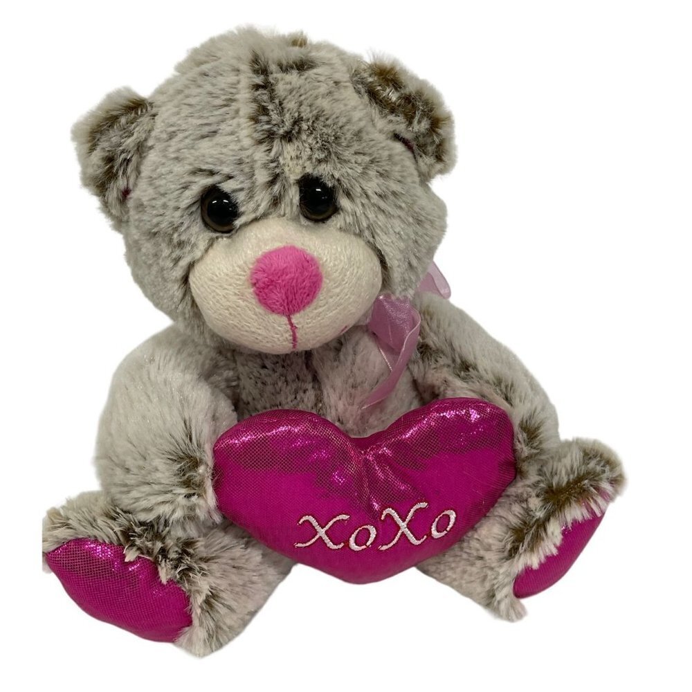 Plush Bear Unisex 8" Grey Pink XOXO Heart Valentines Stuffed Toy